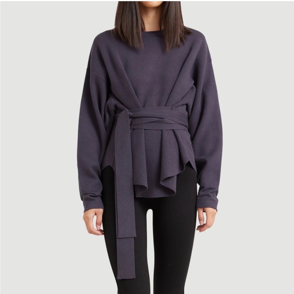 Modern Citizen Nara tie front dolman sleeve sweater in charcoal